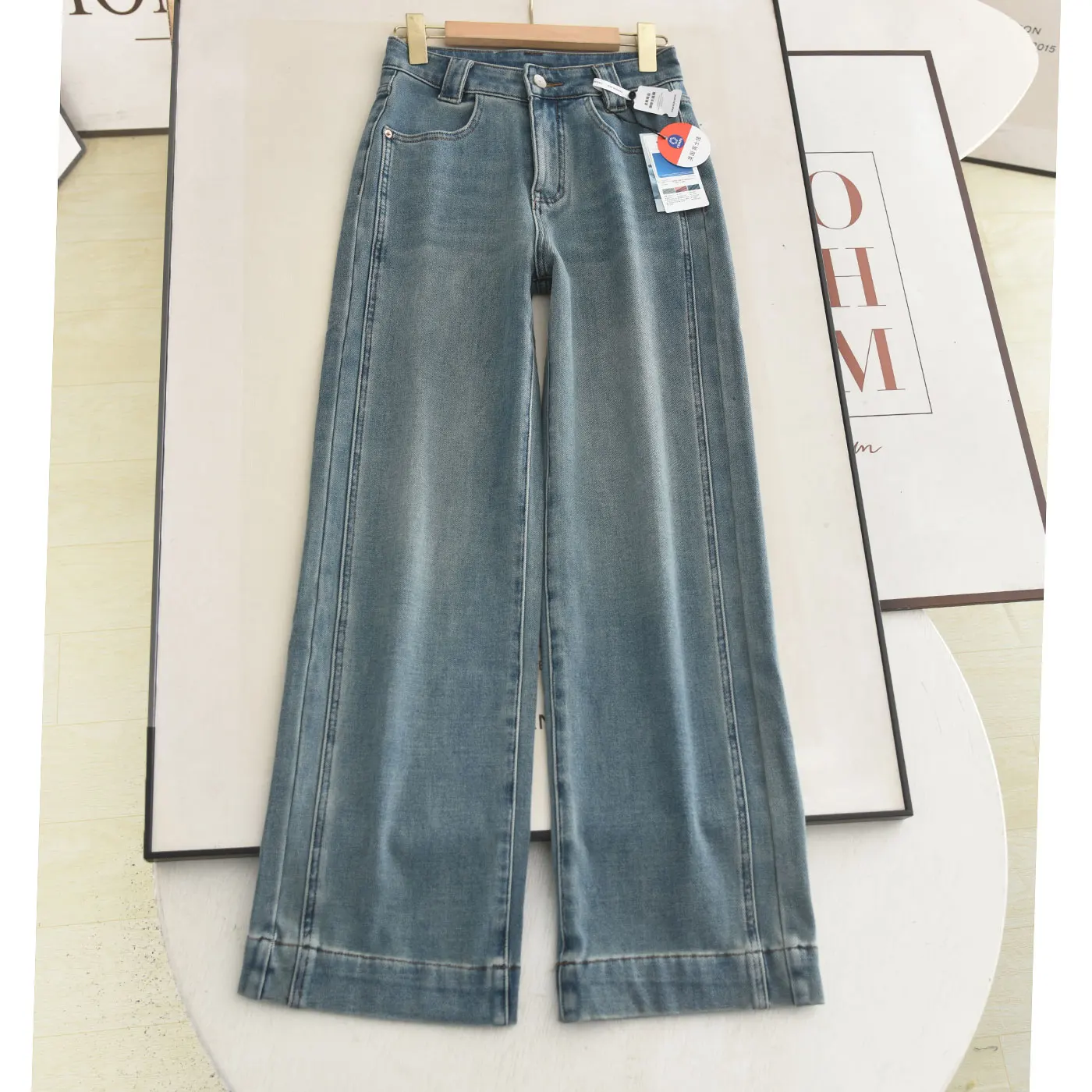 

Облегающие широкие джинсовые джинсы с высокой талией, четырехсторонние эластичные потертые прямые брюки, женские модные повседневные брюки