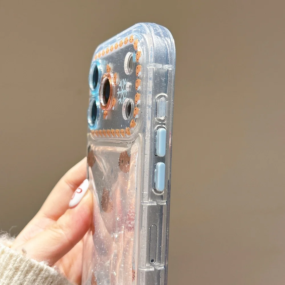 Flower Flowing Sand Black Skin KT Case For iPhone 16 15 Pro Max 14 Pro Max 13 Pro 17 Pro Max Cartoon Snowman Bling Flower Cover