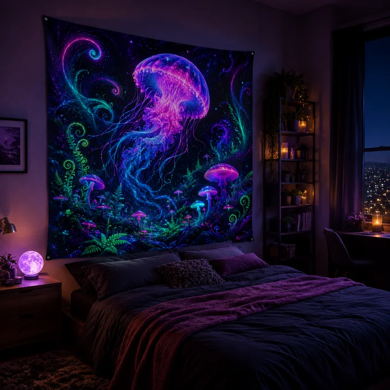 VIKAMA Neon Feng Shui Skull Tapestry, Dark Cyber Game Controller Wall Hanging, Psychedelic Game Room Wall Decor