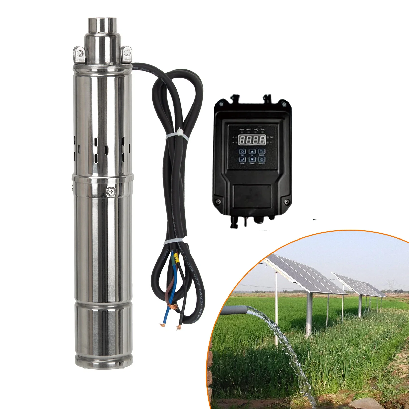 1HP 750W 1.5HP 1200W Solar Deep Well Pump with MPPT Controller Liquid Level Sensor Kit Max Flow 2m³/Hour Solar Submersible Pump