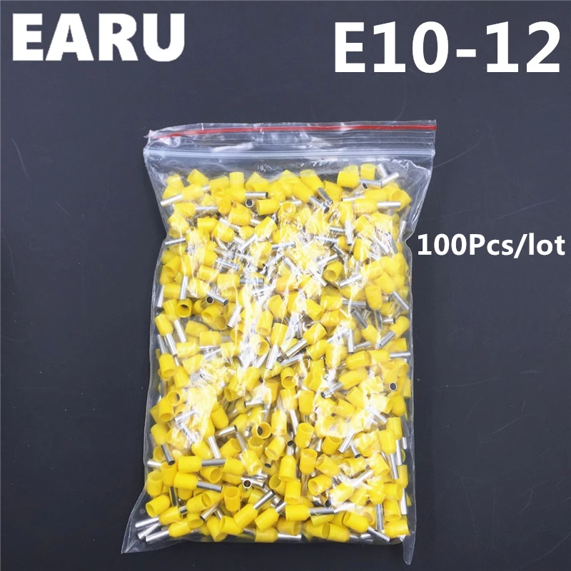 100Pcs E10-12 Tube Insulating Insulated Terminal 10MM2 7AWG Cable Wire Connector Insulating Crimp E Black Yellow Blue Red Green