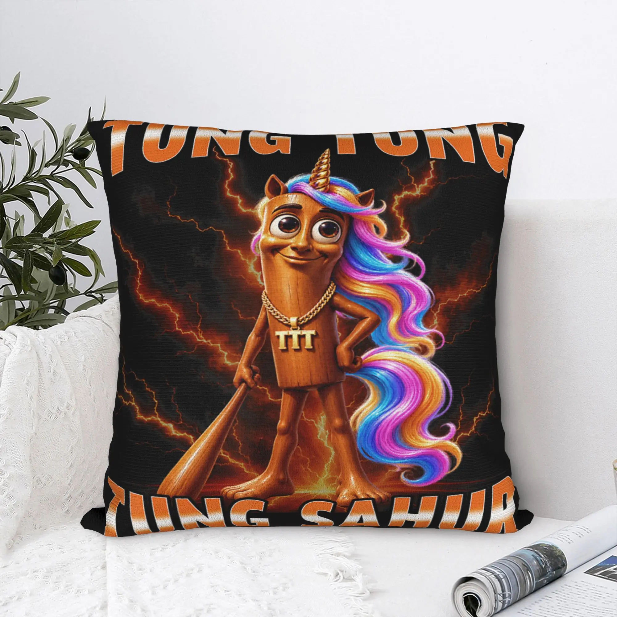 Funny Tung Tung Sahur Unicorn Rainbow Hair Lightning Pillowcases  Cute Funny Pillow Case For Sofa Home Decor Square Pillow Cover