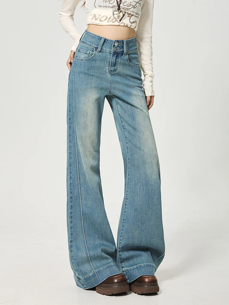 KSTUN 2026 nouveau bleu clair taille haute femmes jean évasé Stretch Denim pantalon Patchwork Vintage Double boutonnage pantalons longs