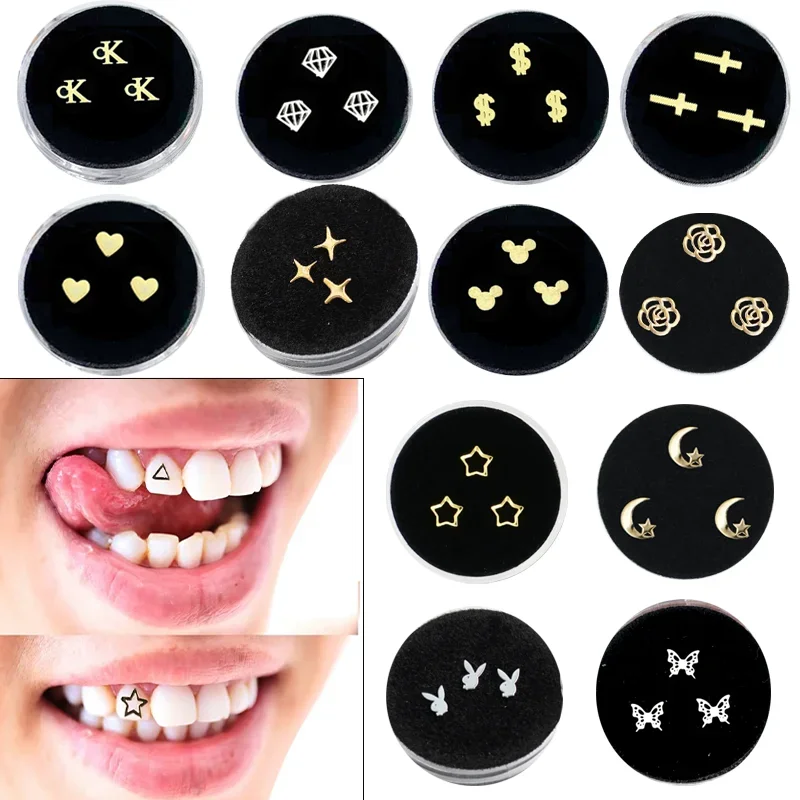 3 PCS/Box Teeth Gems Tooth Jewelry Crystal Ornaments Fashion Teeth Charms Gems with Box Metal Dental Supplies Oral Decorations