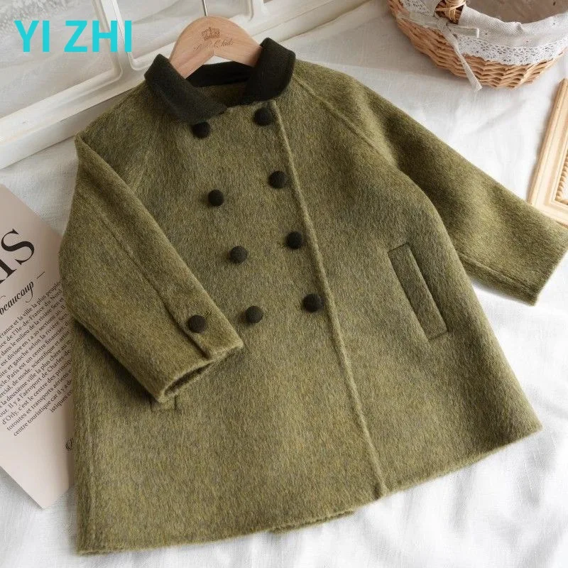 

Girl Top 2023 Autumn Winter Korean Retro Style Army Green Wooll Coat Baby Girl Mid Length Solid Outerwear Children Clothes