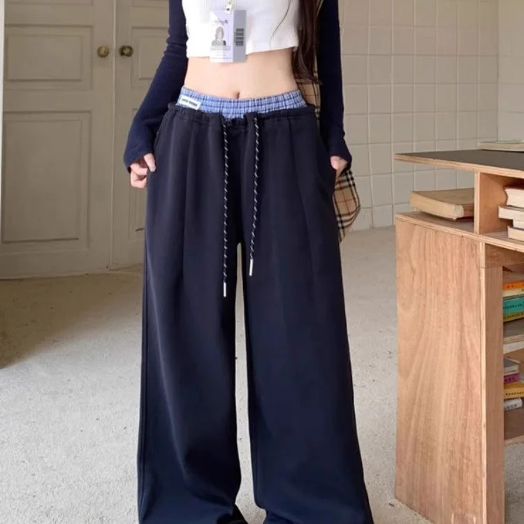 

plus Size High Waist Dstring Casual Pants Plaid Patchwork Straight Leg Long Trousers Autumn Season Women's plus Size