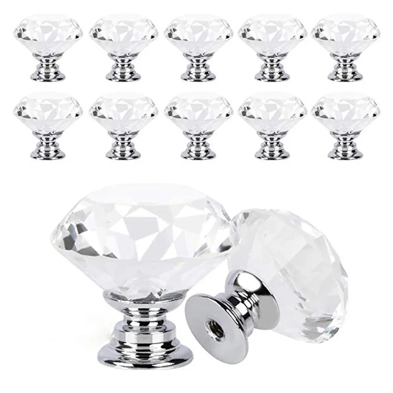 

10 Pcs Crystal Glass Cabinet Knobs 30mm Rhombic Design Cabinet Drawer Pulls Kitchen Cabinet Door Wardrobe Handle Hardware