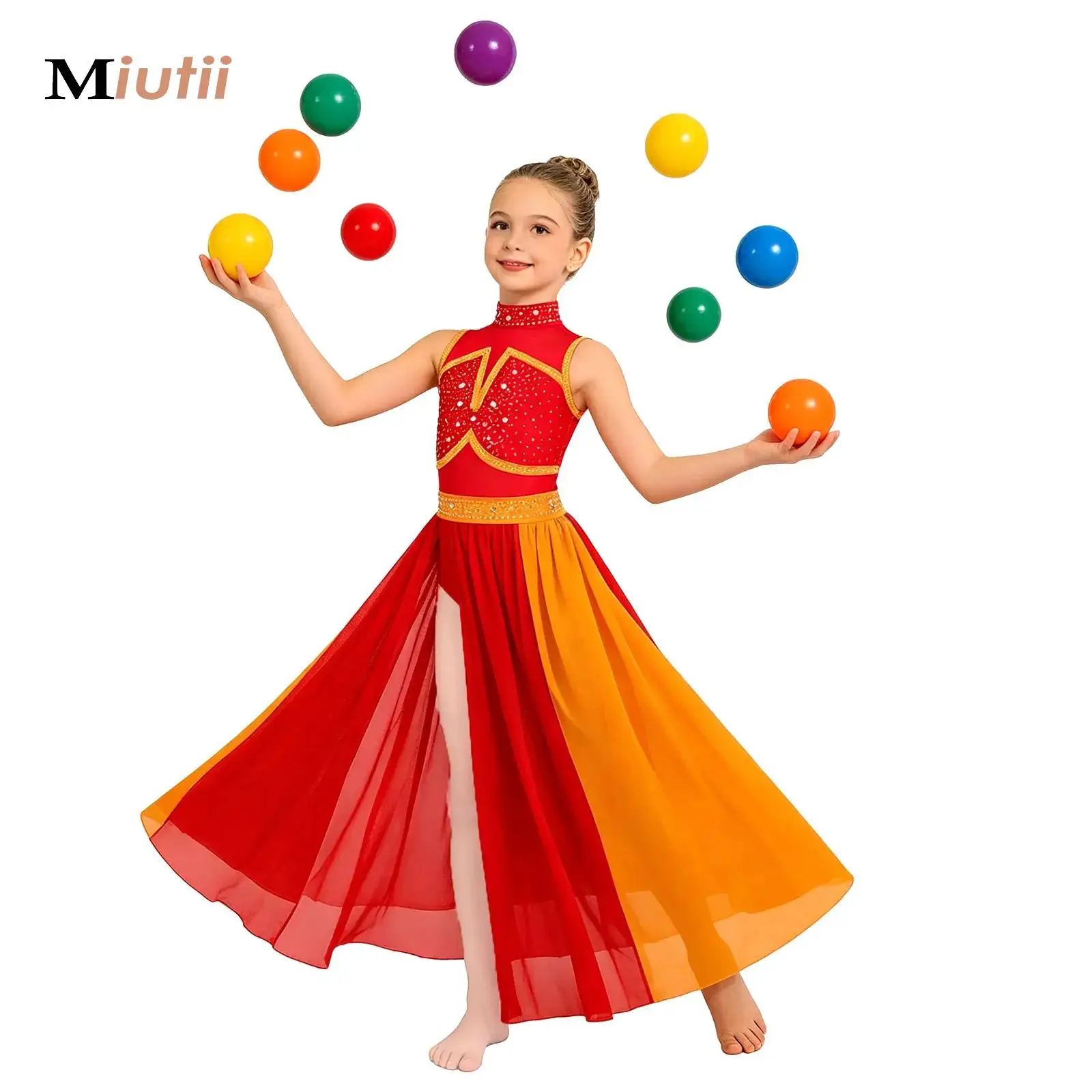 Girls Ballroom Tank Leotard Chiffon Maxi Skirts Lyrical Dance Dress Color Block Sleeveless Ballet Figure Skating Gymnastics Wear