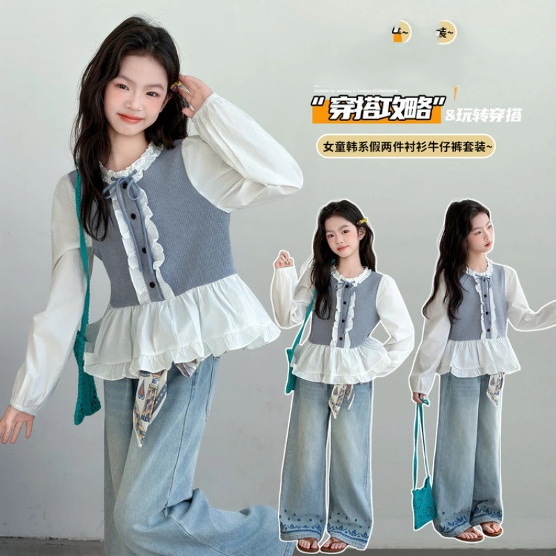 Girls' Mock Two-Piece Shirt. Birthday Party Patchwork Ruffle Top. Children's French Princess Clothing. Suitable for Ages 7-14
