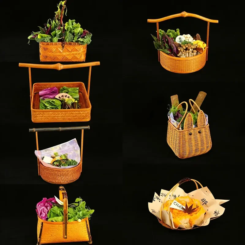 Natural Bamboo Vegetable Serving Basket Handwoven Hot Pot Platter for Mushroom Sashimi Display Rustic Kitchen Tableware Decor
