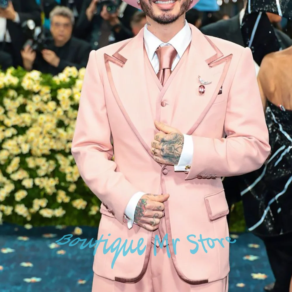 Мужской розовый костюм-тройка с атласной отделкой, пиджак + жилет + брюки на одной пуговице, элегантный комплект для свадебного торжественного случая