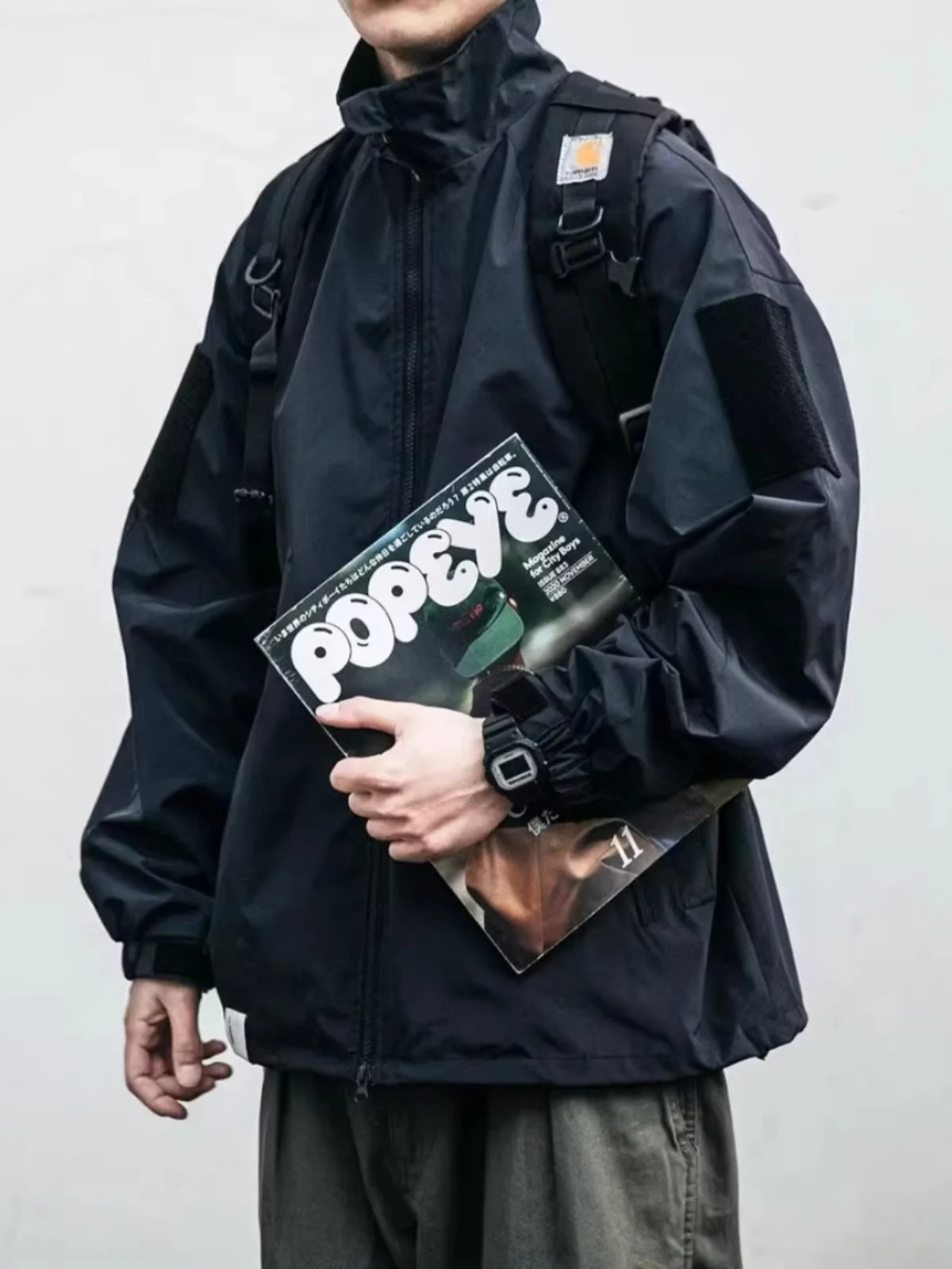 

Ретро-куртка в японском стиле для мужчин: рабочая одежда с двойной молнией, свободный крой, воротник-стойка, ветрозащитная, в американском стиле, верхняя одежда