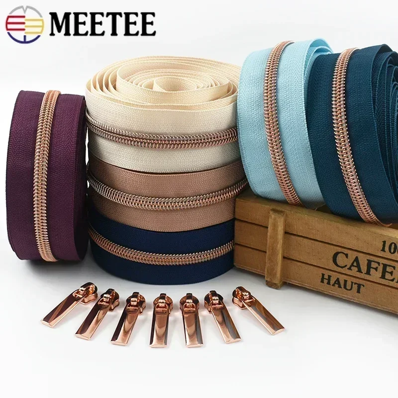 5/10/20M Meetee 5# RoseGold Zipper Tape with Sliders Nylon Zippers for Sewing Bag Garment Decor Zip Repair Kit DIY Accessories