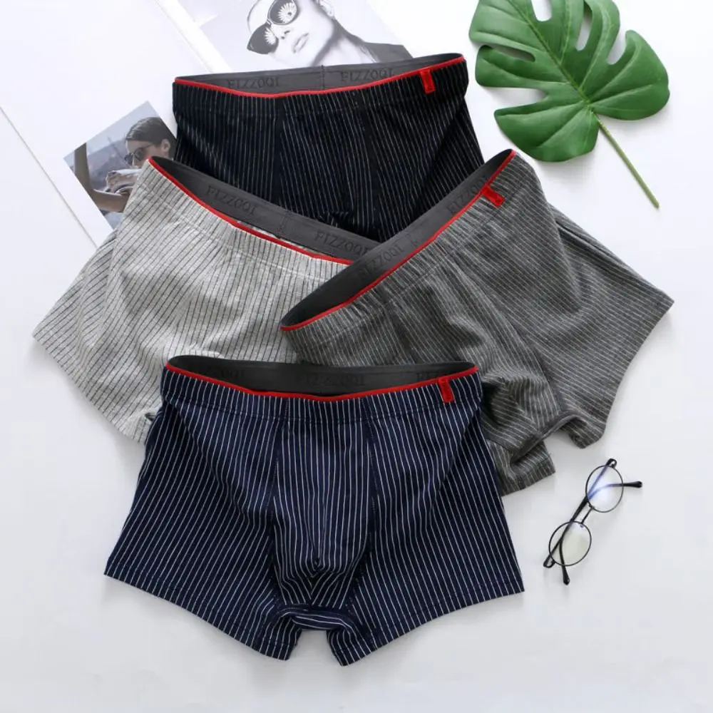4PCS Color Blocking Stripe Men's Flat Panties Large Size Loose Men Boxer Underpants Low Waist Underwear for Man Male