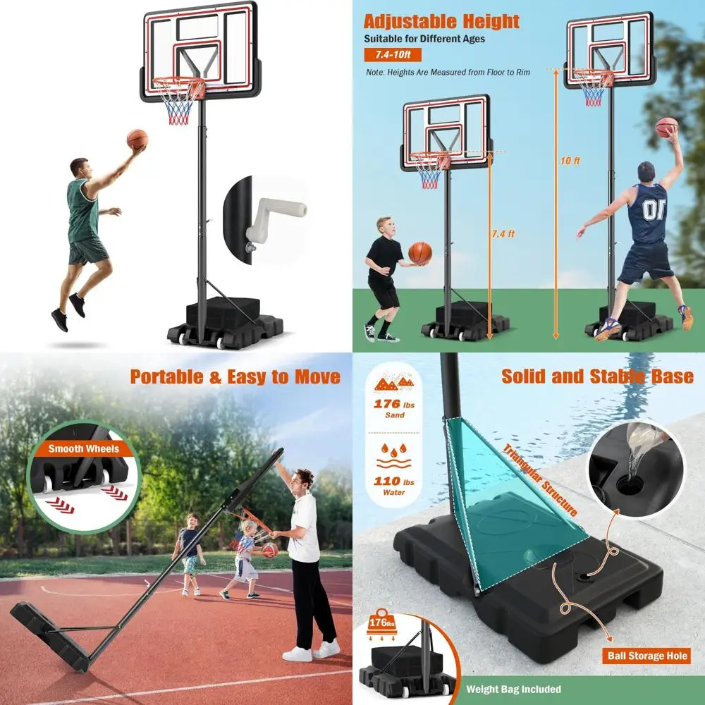 

Outdoor Height Adjustable Basketball Hoop System - 7.4 to 10 Feet, 44 Inch Shatterproof Polycarbonate Backboard, Premium Quality