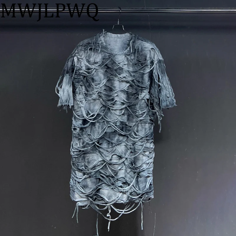 

MWJLPWQ Tie Dyed New Short Sleeve T-shirts High Street Round Collar Distress Hole Niche Design Male Loose Casual Tops Y2K 010838