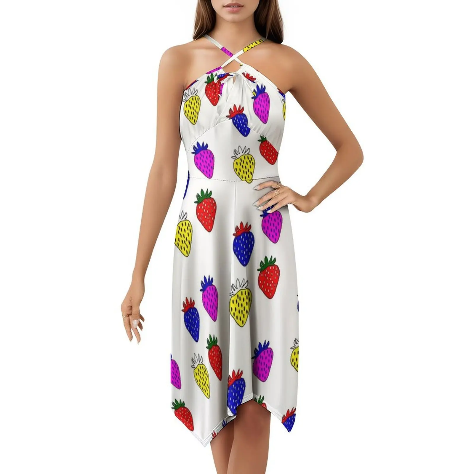 النيون الفراولة حقول للأبد فستان عطلة مثير للنساء شاطئ حفلة عيد ميلاد فستان قصير الفراولة الفاكهة الخنافس النيون الأحمر