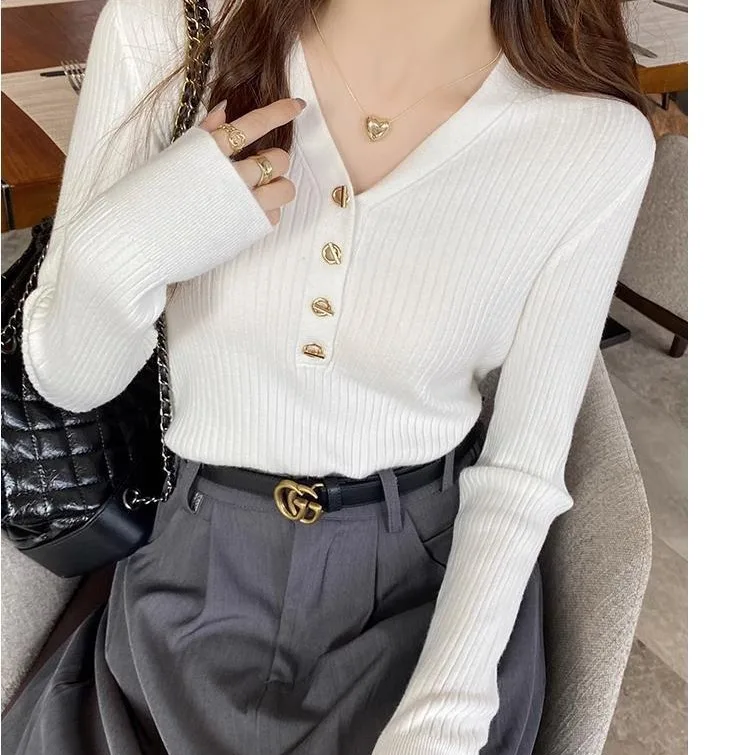 

Женский тонкий свитер с v-образным вырезом, базовый пуловер, осенне-зимняя модная повседневная одежда, мягкий трикотаж с длинными рукавами, однотонные топы B336