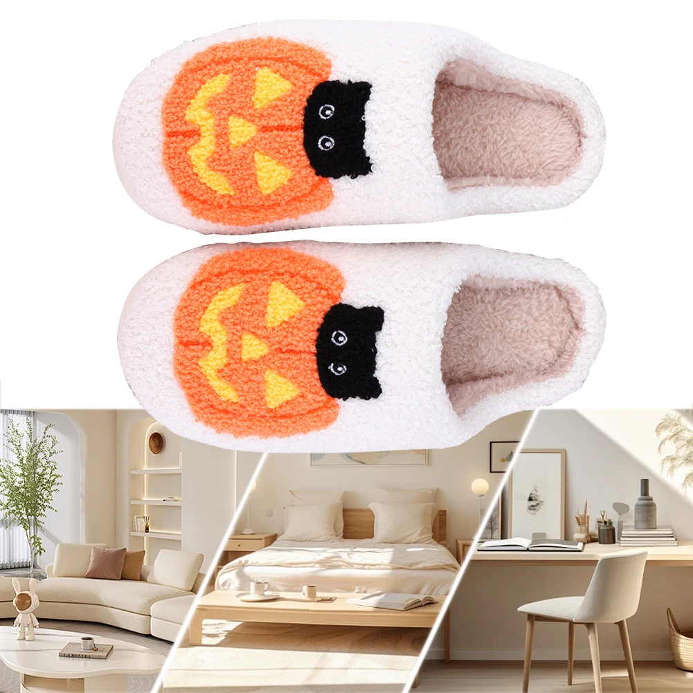 Halloween Smile Pumpkin Slippers Cotton Fluffy Slippers Winter Indoor Soft Cartoon Causal Flat Plush Shoes Pumpkin Cat Shoes