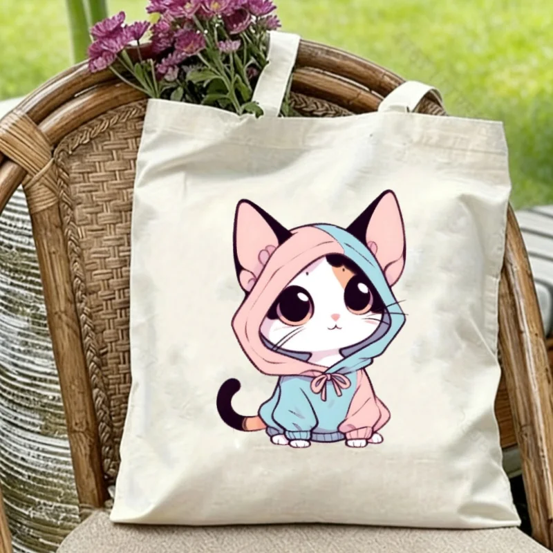 

1pc Cute Hoodie Cat Print Canvas Tote Bag Casual Single Shoulder Handbag Reusable Eco Daily Shopping Storage Bag