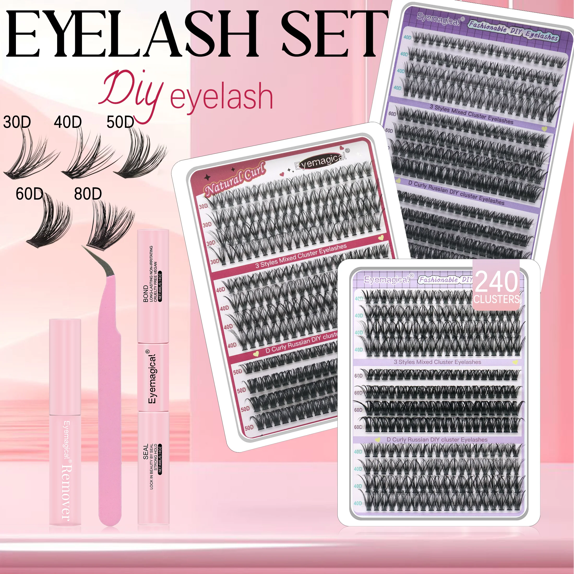 DIY Lash Clusters Set Mixed Tray Lashes Kit Mix Lash Clusters Bond and Seal and Lash Applicator Makeup Tool Lashes Cluster