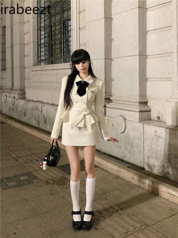 Korean Girl Autumn Winter Long Sleeve Square Collar Waist Blouse Slim-fit Skirt Temperament Two-piece Set Conjuntos De Falda