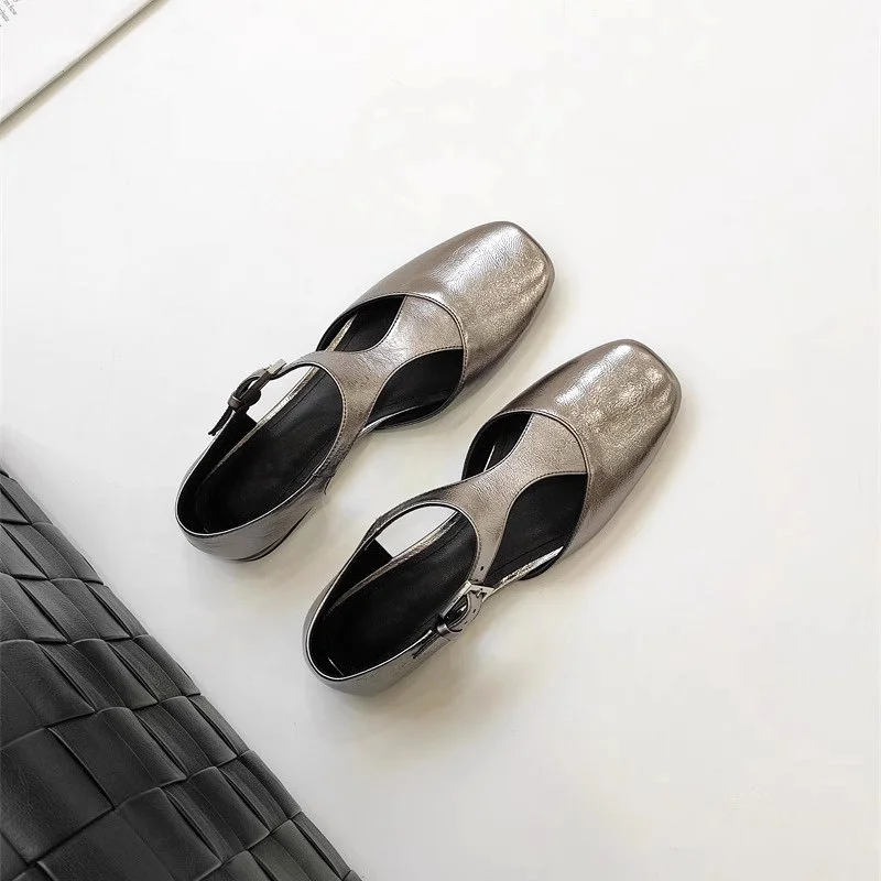 

Maxdutti French Minimalist Genuine Leather Mary Jane Shoes Sandals Retro Side Hollow Flat Shoes Roman Sandals Women's Shoes