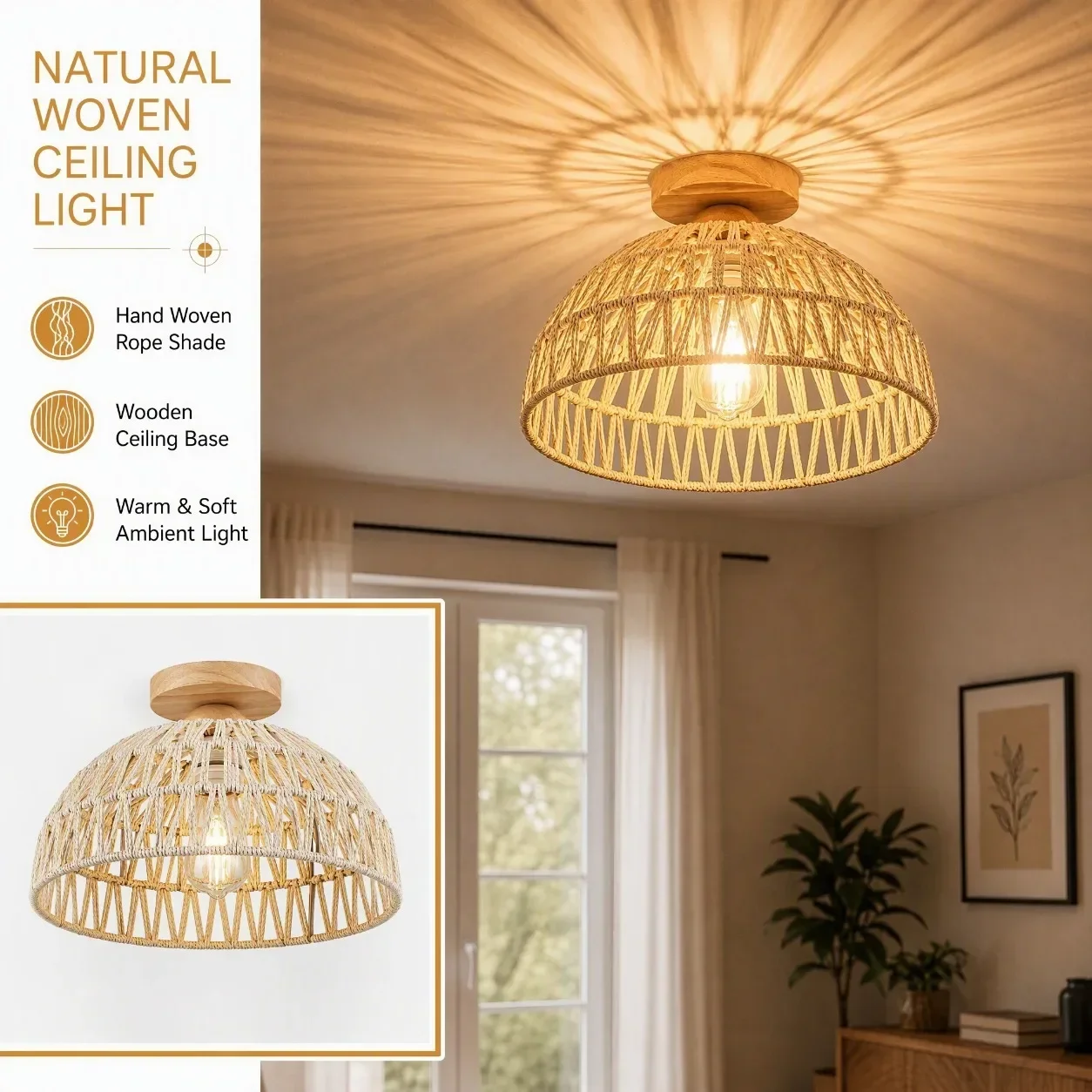 JOYINLED Traditional Handmade Woven Rattan Shade 12 Inch E27 Semi Flush Mount Ceiling Light for Laundry Room, Study, Living Room