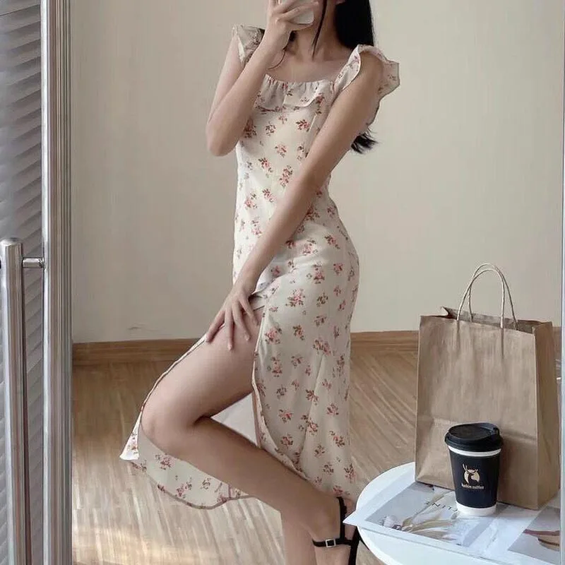 2022 Summer Korean Fashion Sweet Floral Sleeveless Casual Midi Dress Elegant French Vintage Women Sexy Slit Party Slim Dresses