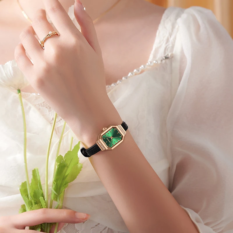 

Fashion Vintage Watches for Woman Simple Rectangle Women Watch Brown Leather Band Gifts Green Dial Wristwatch relojes para damas