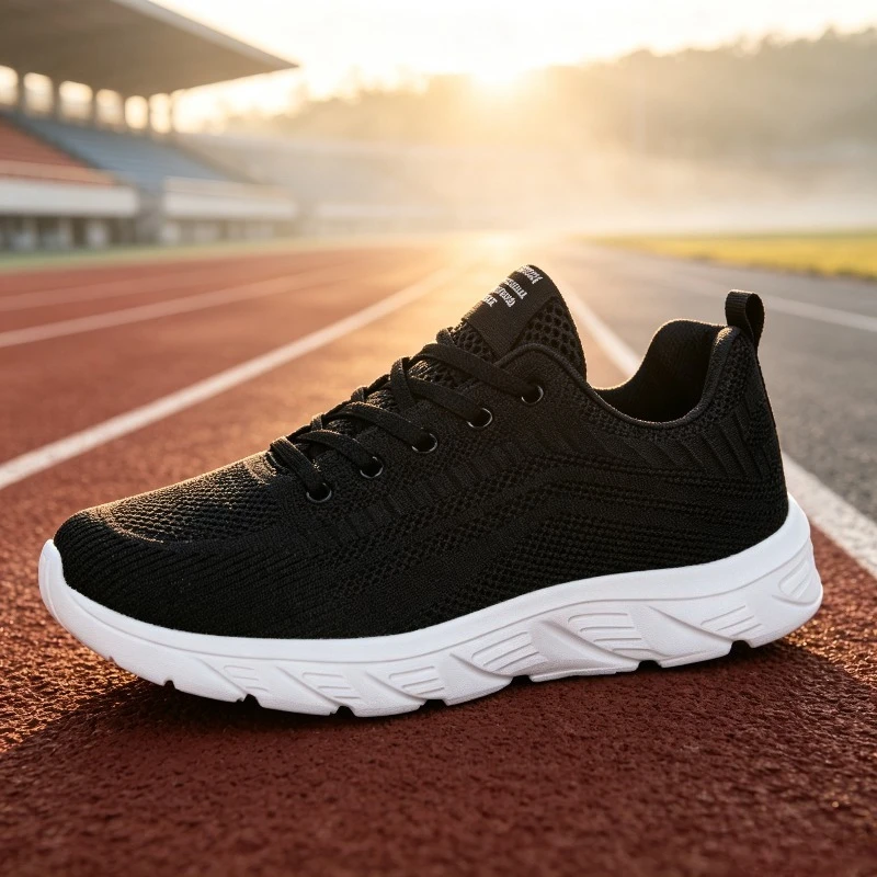 Men Breathable Knit Sneakers White Thick Sole Lace Up Lightweight Running Shoes Non Slip Soft Casual Sports Footwear for Gym view 5