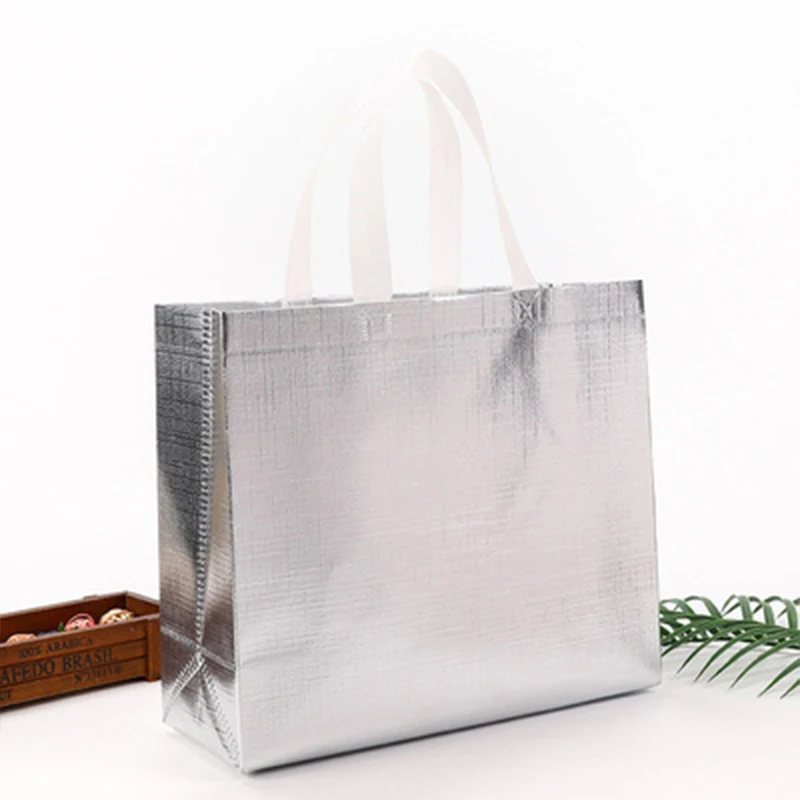 10Pcs Laser Non-Woven Lamination Shopping Aluminized Tote Bags Customized Glossy Reusable Shopping Bags