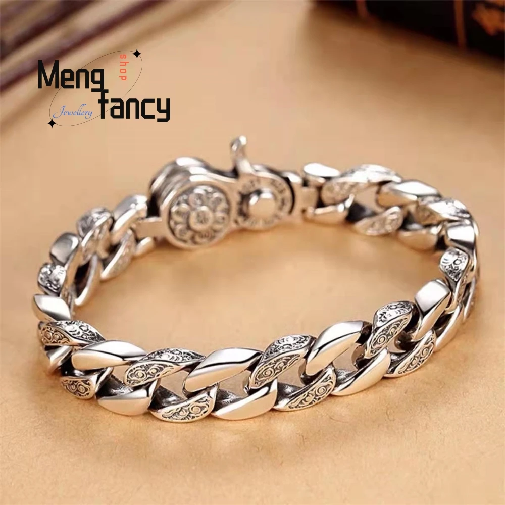 Silver Bracelet Men's Six-Character Mantra Rotatable Trendy Wide Version For Men, Powerful, Individual, Grand And Retro Elegant