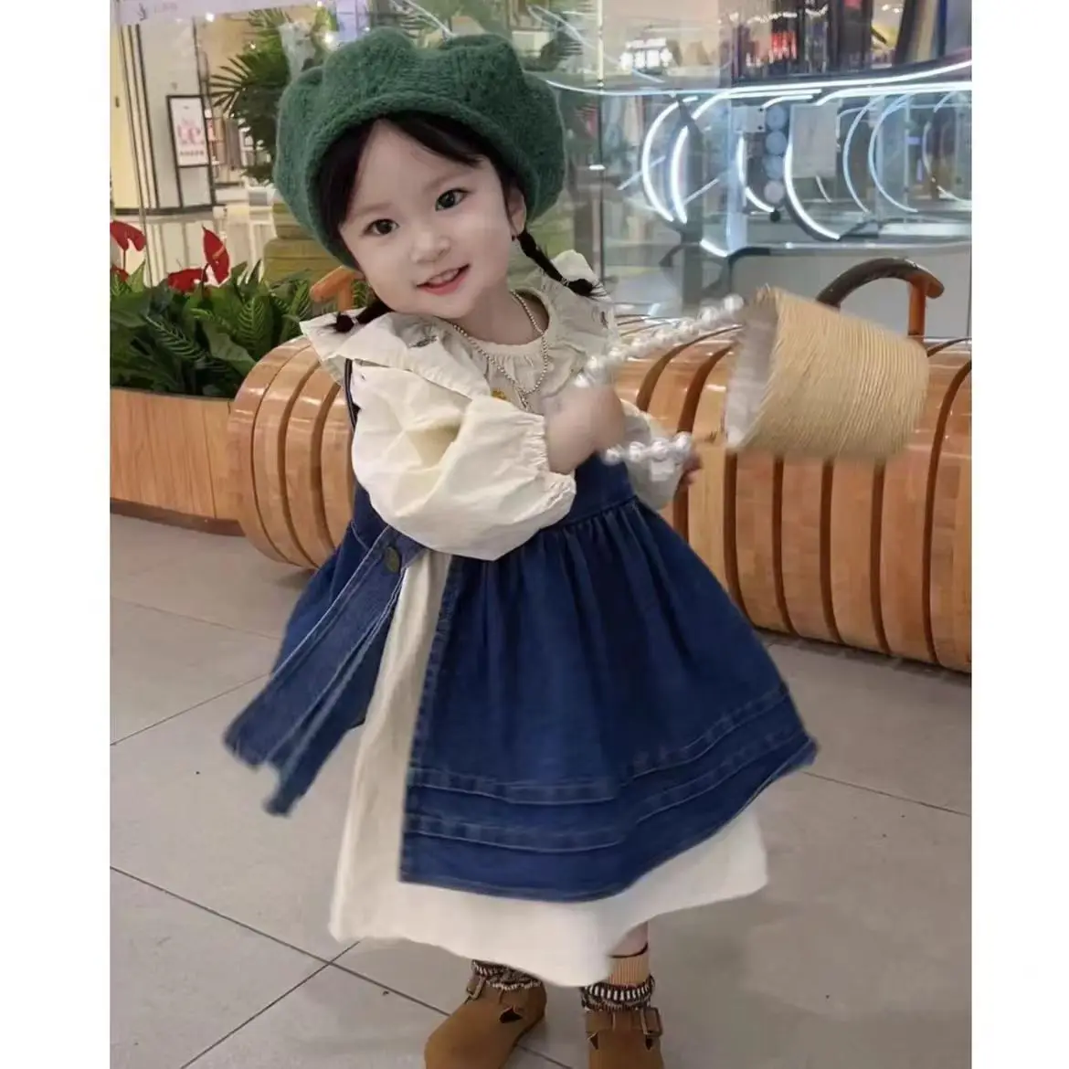 Autumn 2024 Baby Girl 2PCS Clothes Set Solid Denim Vest Suit Pattern Embroidery Collar Long Sleeve Pincess Dress Kid Girl Outfit