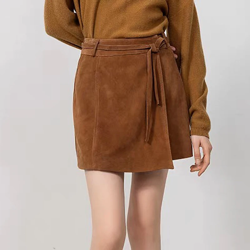 

Vintage Suede Real Leather Mini Skirt with Sashes Women Autumn Korean High Waist Sheepskin Harajuku