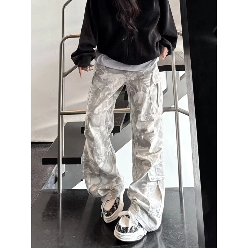 

﻿American High Street Personality Trendy Cargo Pants Women Subculture Cool High Waist Slim Loose Multi-Pocket Straight Pants