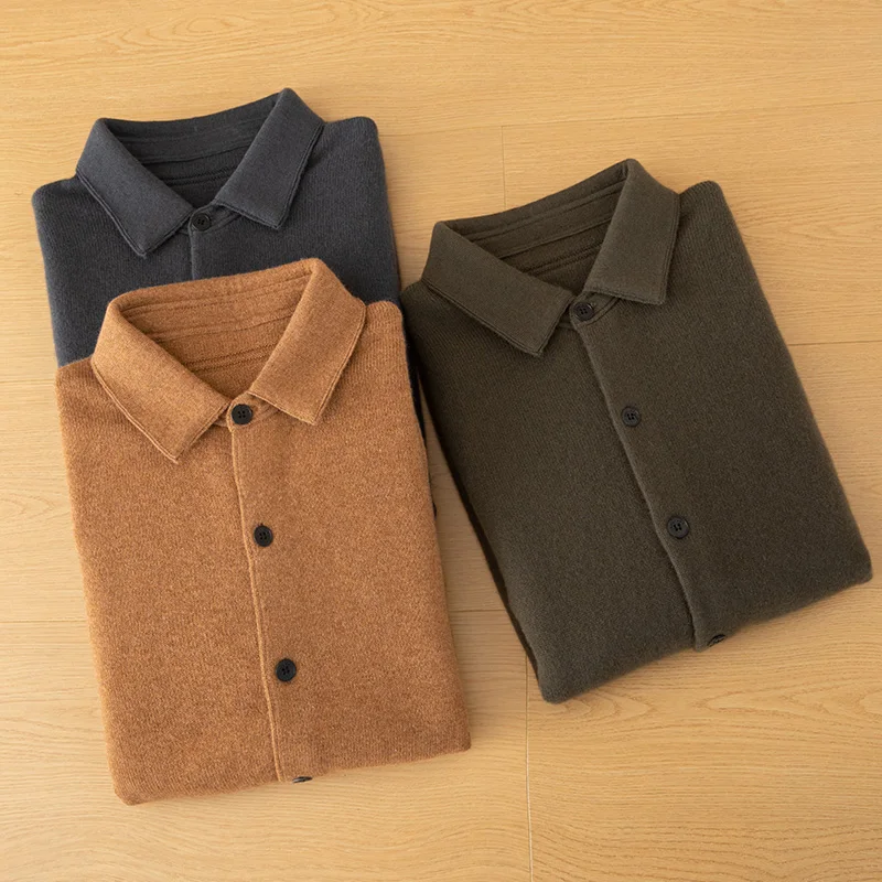DjzDsm Men's 100% Pure Goat Cashmere High-End Autumn Winter Open Cardigan Polo Neck Knitwear Luxury Soft Warm Sweater for Adults