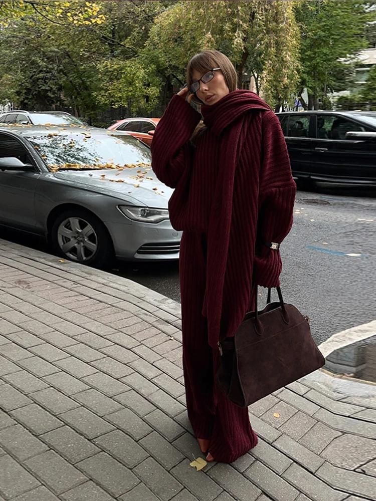 Fashion Burgundy Red Scarf Collar Sweater Loose Pants Set Women Elegant Casual Jumper Wide Leg Trouser Suit Chic Female Knitwear