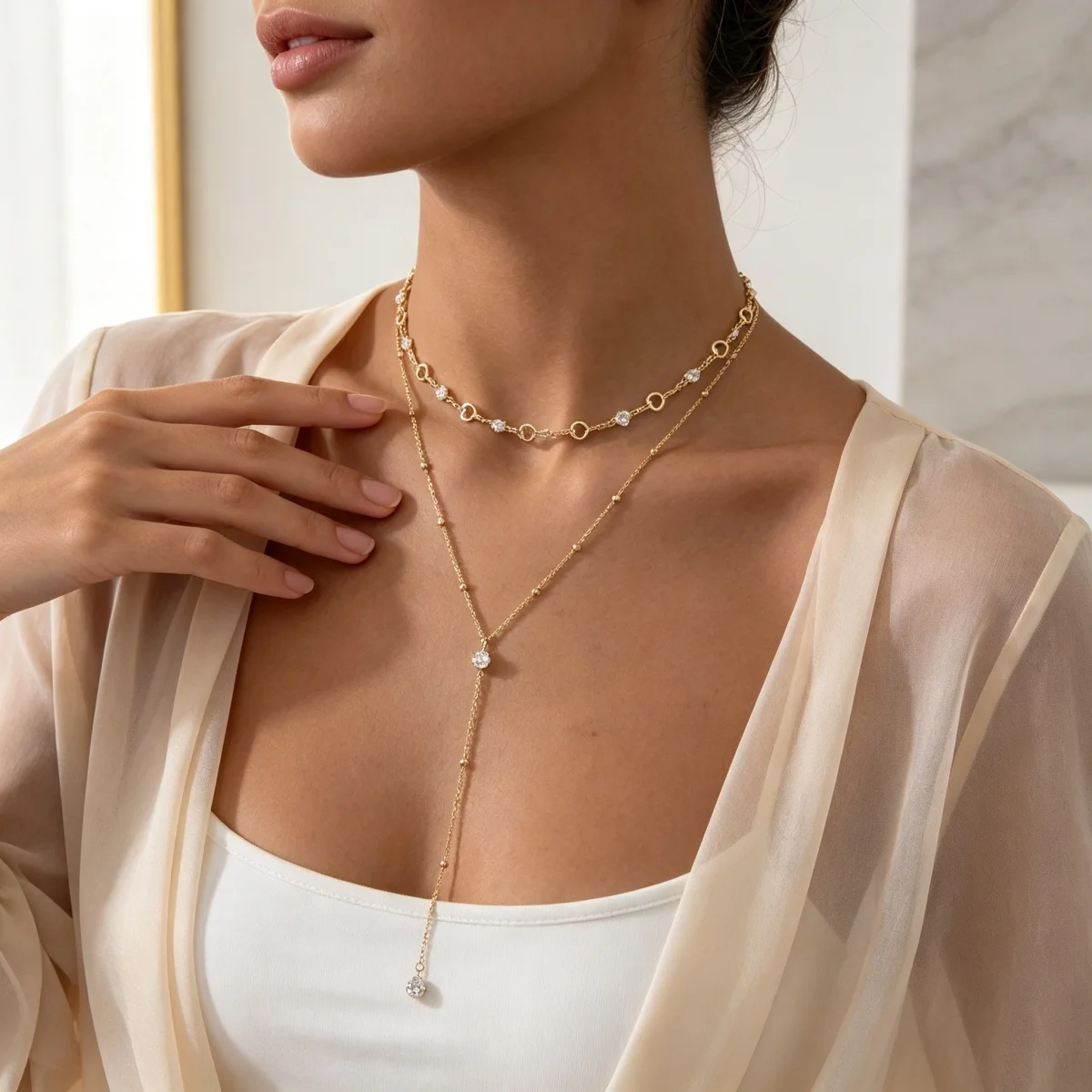 Elegante Französische Halskette mit Hohlem Herz, Runden Strasssteinen und Y-förmiger Quaste für Damen, Modische Geometrische Dünne Kette, Choker-Schmuck – Detail 10