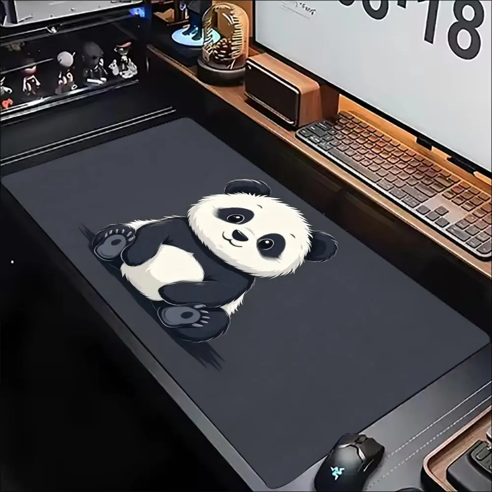 Desk Mat Cute Cartoon Panda Print Stitched Edge Anti‑Slip Rubber Base for Gaming Working Home Office Table Decor