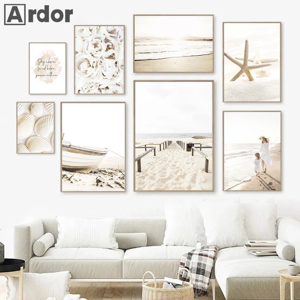 

Nordic Beige Landscape Posters Sea Wave Beach Canvas Print Shell Starfish Wall Art Flower Pictures Painting Living Room Decor