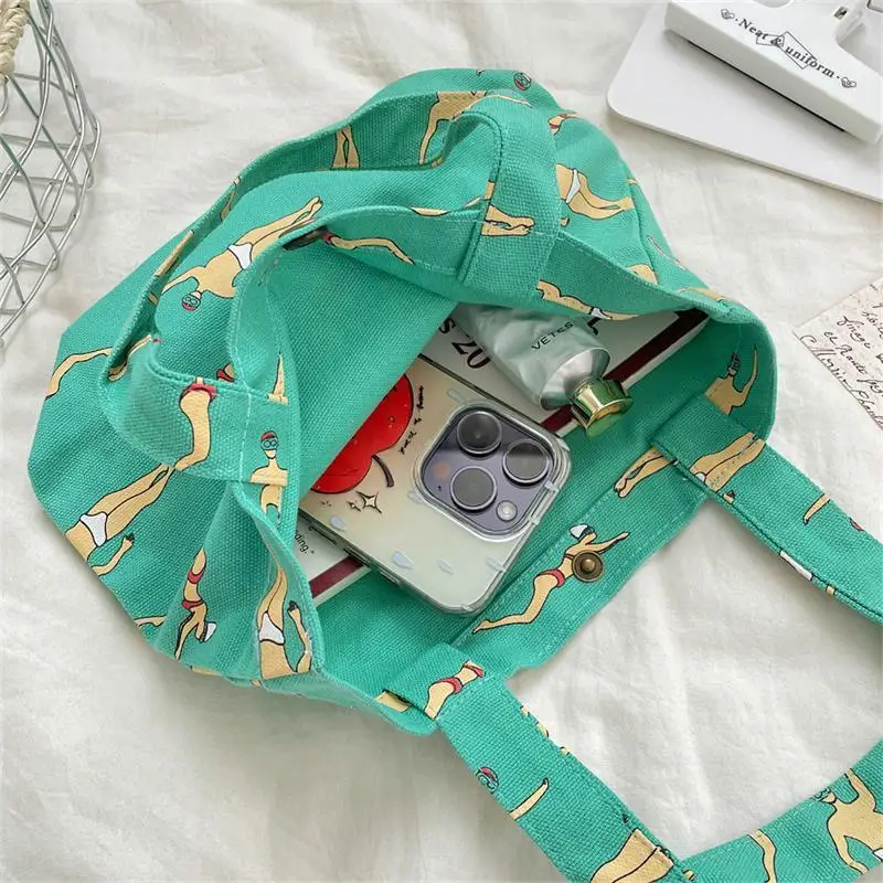 

Cartoon Cute Embroidered Print Handbag Lunch Bag Canvas Mom Bag Office Bag Girls Student Outing Large Capacity Storage Bag Gifts