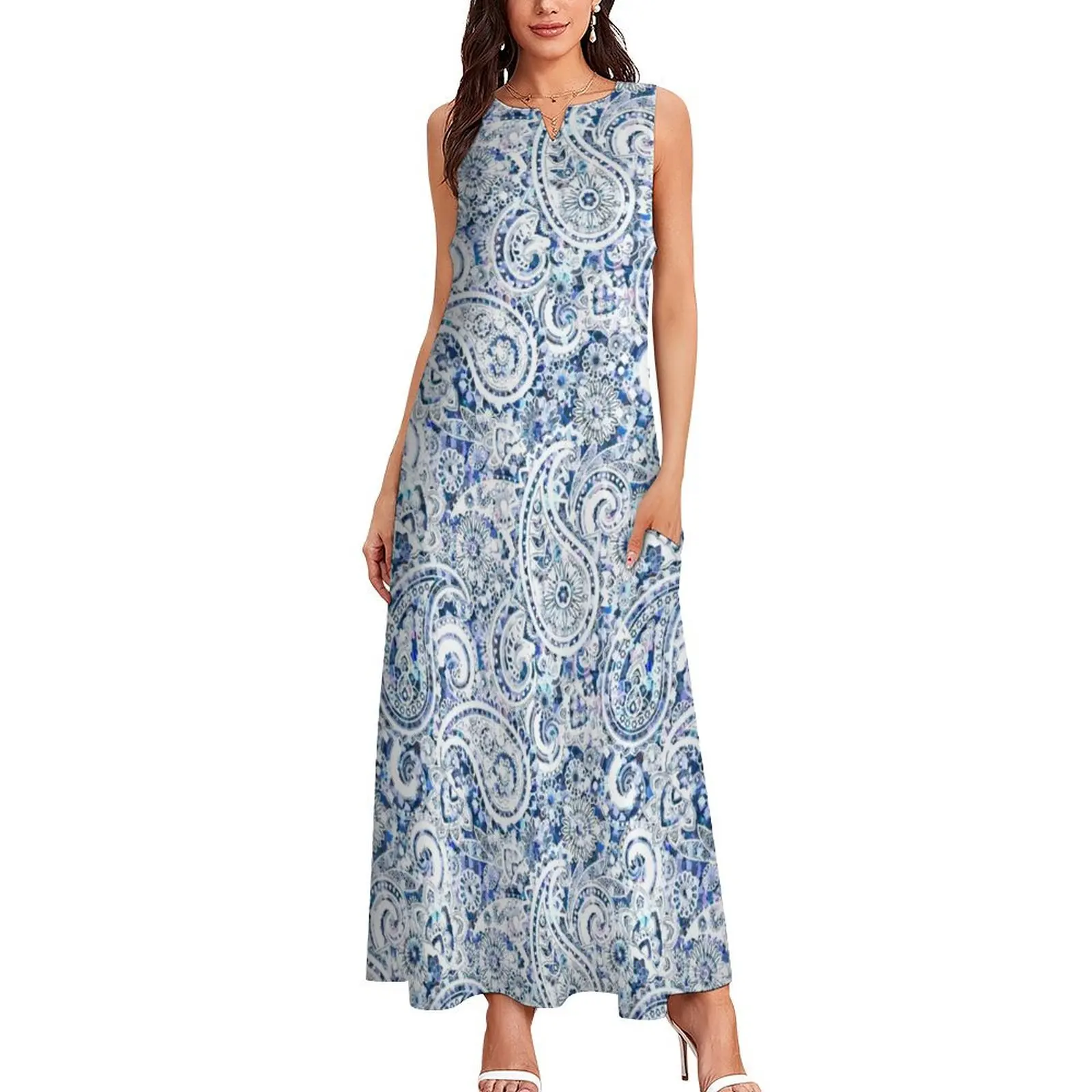 Paisley Game Day Dress White with Blue Confetti Long Dress beach dress women clothing 2025 new arrivals