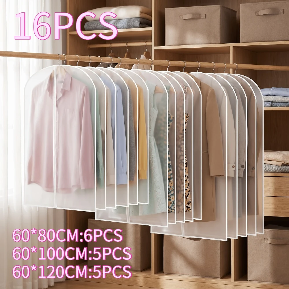 16Pcs Long Garment Bags Clear Zippered, 60x120/100/80cm, for Suits Dresses Coats Jackets Shirts