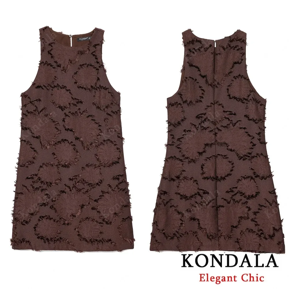 KONDALA Herbst Damen Elegantes Braunes Kleid Rundhalsausschnitt Ärmelloses Minikleid Neu 2025, Sommer Herbst Mode Urlaub Party Strandkleid