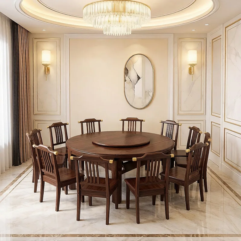Ebony solid wood living room household small apartment square and round dual-purpose telescopic folding dining table