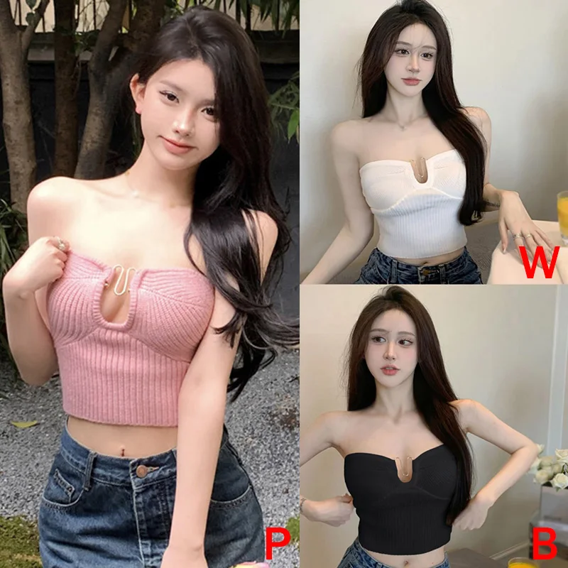 Women Tube Top Slim Sexy Blackless Knitted Sleeveless Strapless Tank Tops Hollow Out Spring Summer All-Match Inside Wear image 6