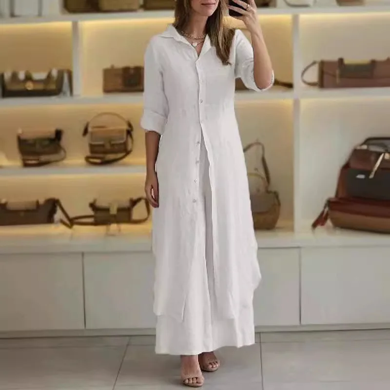 Elegant Women Long Pants Set Sping Autumn New Suit Full Sleeve Shirt Dress & Loose Wide Leg Trousers 2 Piece Sets Women Outfits