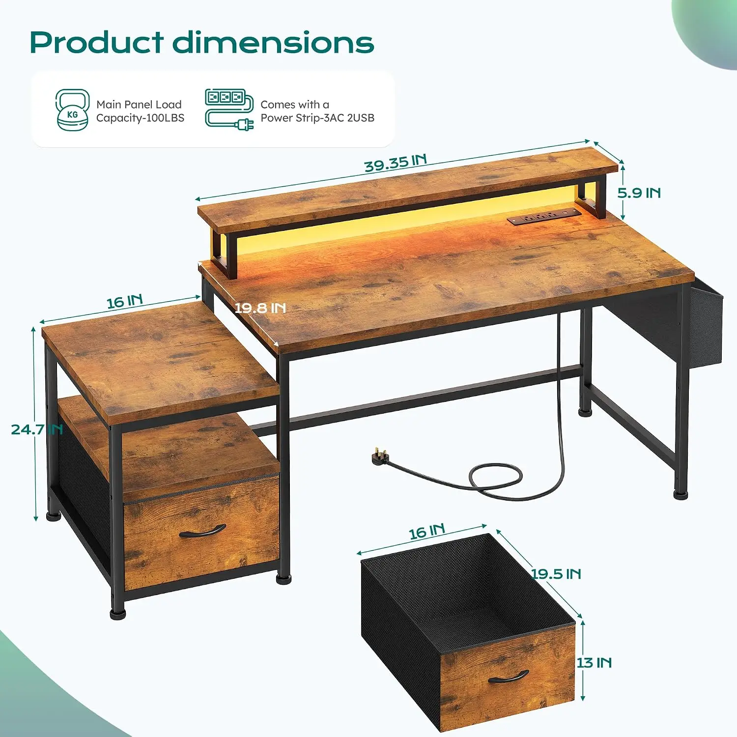 Computer Desk with 3 AC Outlets& 2 USB Ports,Waterproof LED Strip Lights,Monitor Stand & Side Pockets,Home Office,Bedroom