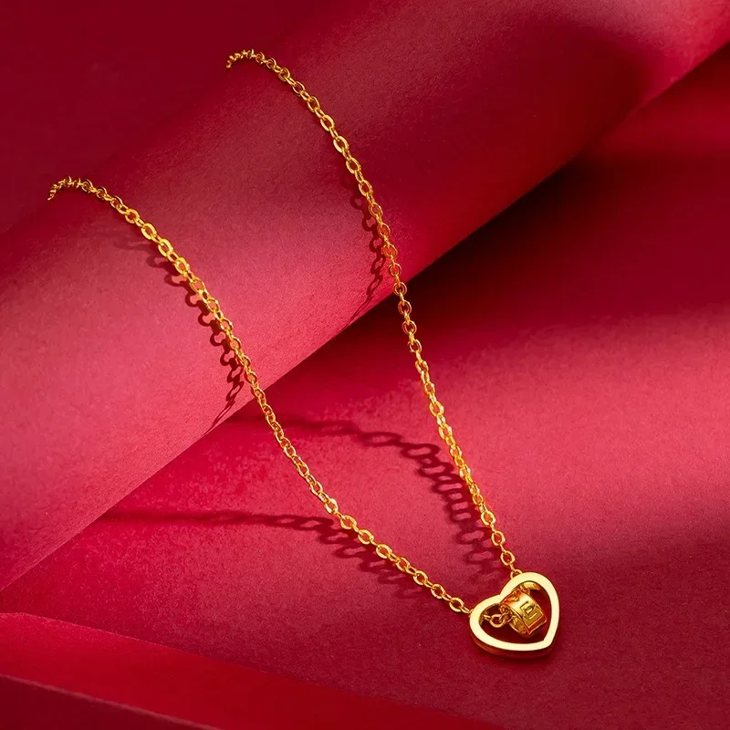 

9999 Real Gold 24K Korean version exquisite love collarbone necklace rotatable love heart necklace women's wedding jewelry
